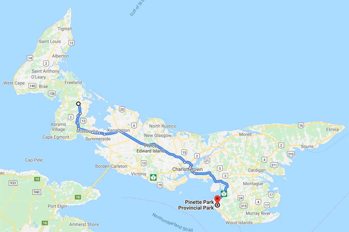 Map showing route from Tyne Valley to Pinette, PEI