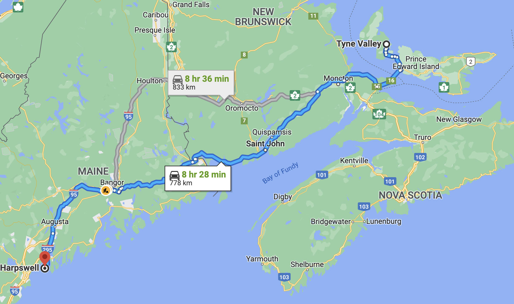 Map showing distance from Harpswell, Maine to Tyne Valley, PEI